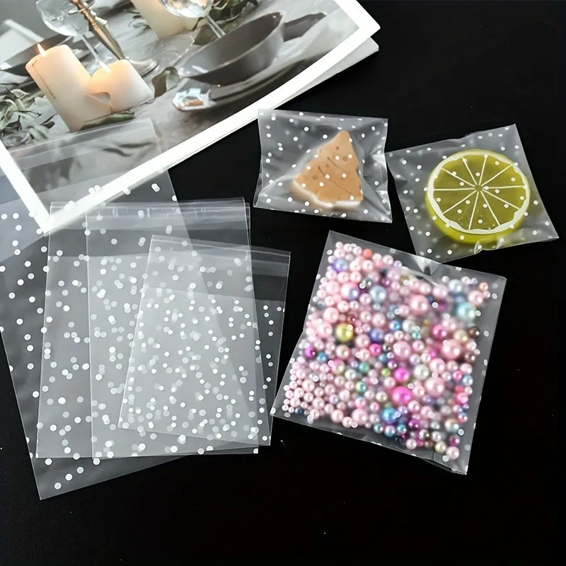 100pcs Self-Adhesive Dot Opp Bags, Polka Dot Cookie Bag, Clear Opp Cellophane Bags For Candy, Cookie, Party Favor Packaging Bags