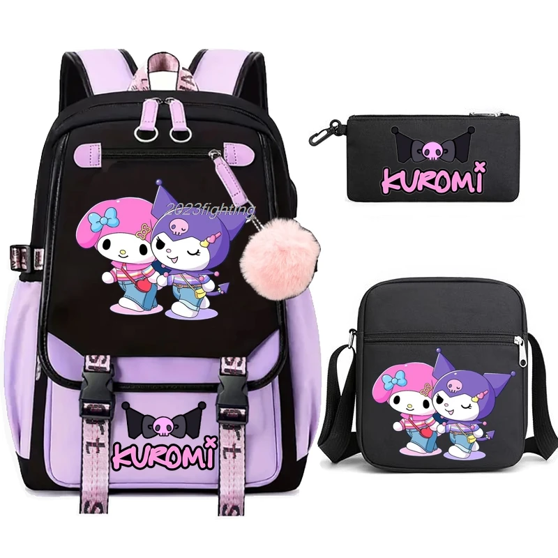 3pcs My Kuromi School Bags Cartoon Backpacks Set for Girls Anime School Bag Teens Student Canvas Laptop Back Pack Women Rucksack