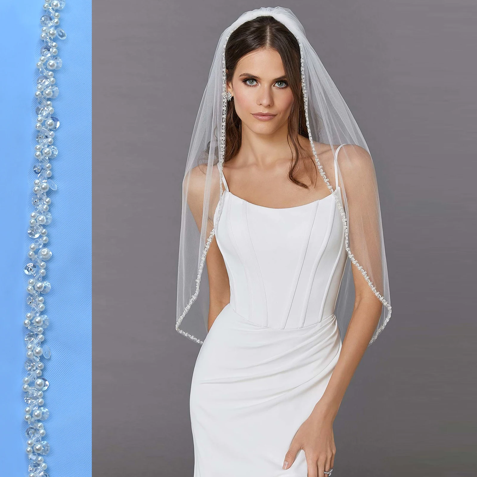 V134 Bridal Accessories Wedding Veil Crystal Organza Beaded Bridal Veil with Rhinestone Edge Chapel Length 1 Tier Amazon Hot