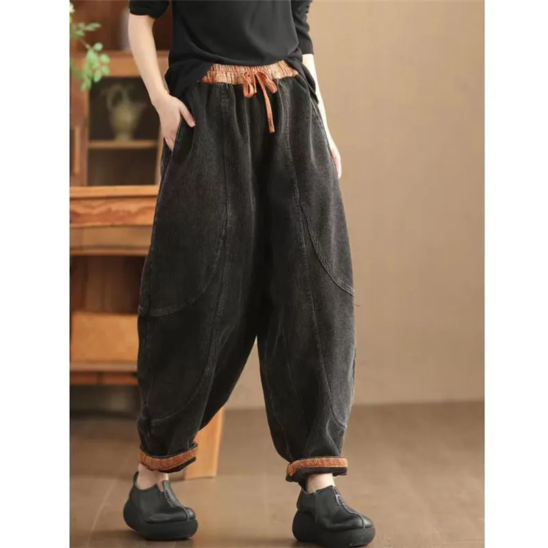 2024 Winter Fashion Corduroy Pants Women High waist Casual Loose Vintage Warm lint Lantern Harem Trousers Ladies Elegant R502