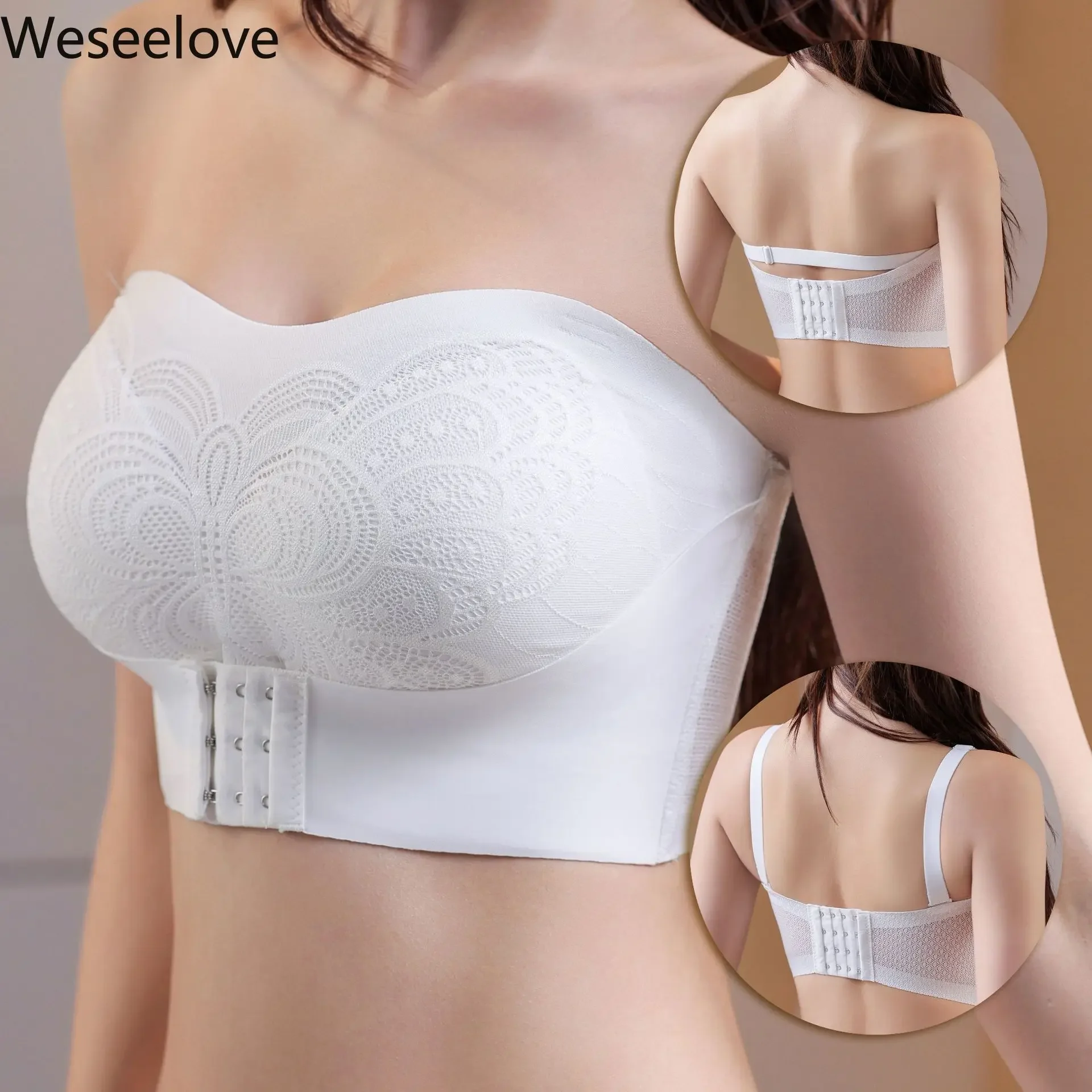 Weseelove Large Cup Large Size Invisible Underwear Women's Steel-free Front Buckle Gathered Non-marking Open Shoulder Bra X73