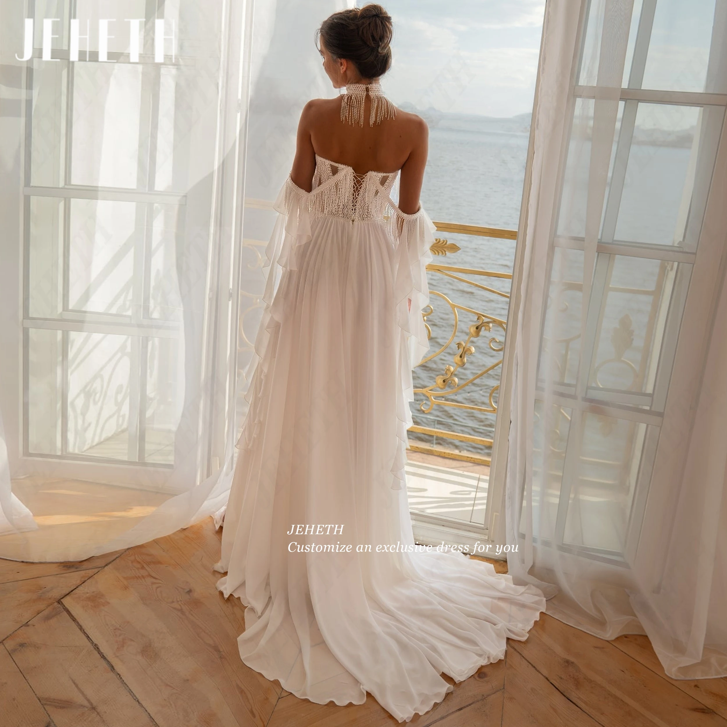 JEHETH 2026 Tassel Lace Wedding Dress Off Shoulder Ruffles Bridal Dresses Custom Made Romantic Chiffon robe de soirée mariage