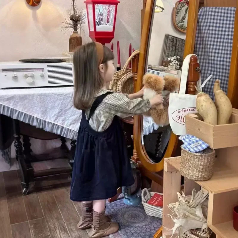 Girls' Suit round Neck Plaid Top and Corduroy Vest Skirt Two-Piece Set2025Autumn New Fashion Foreign Trade Children's Clothing