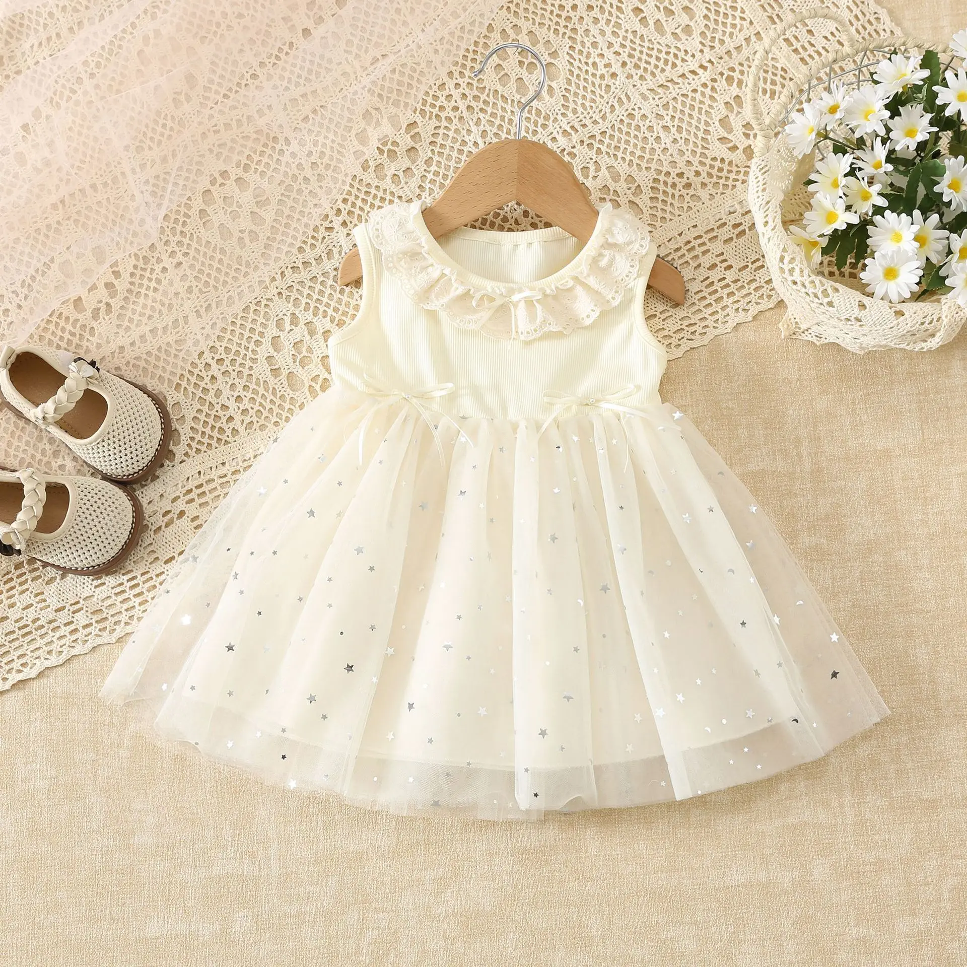 1-4 Year Old Baby Girl Birthday Party Costume Round Neck Lace Sleeveless Bow Mesh Sequin Dress Korean Version Summer