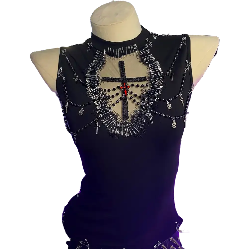 

Punk Rock Harajuku Goth Fashion Revival 2025 Cross Cyber Emo E-Girls Pin Skull Gothic Tank Chain Y2K TOPS Street Wear Grunge