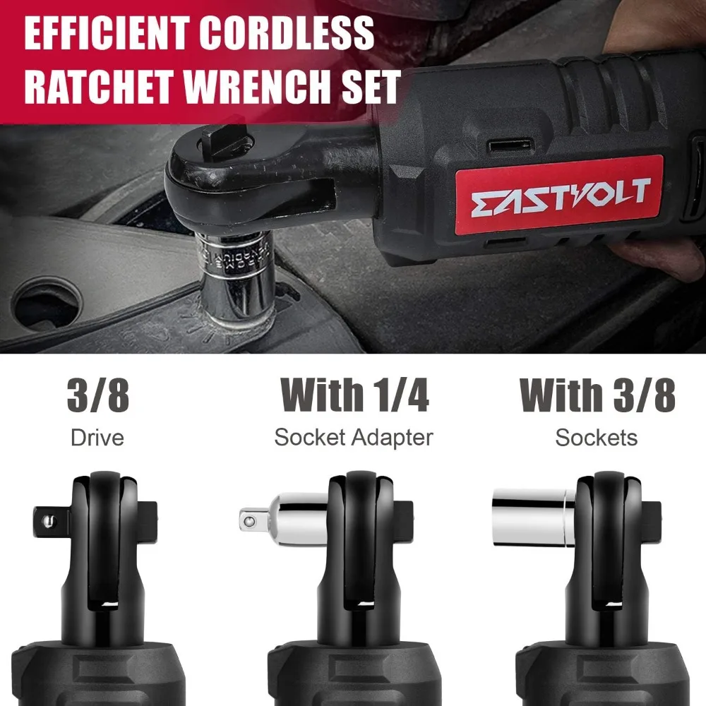 Eastvolt 12V Cordless Electric Ratchet Wrench Set, 3/8 Inch 35 Ft-lbs Power Wrench with Fast Charger, 2.0Ah Lithium-Ion Battery