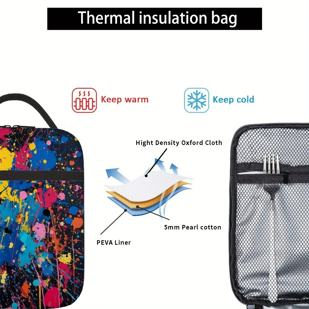 Colorful Splatter Painting Thermal Lunch Bag for Home, Office, or Restaurant Sound, Convenience Lunch Cooler Lunch Box