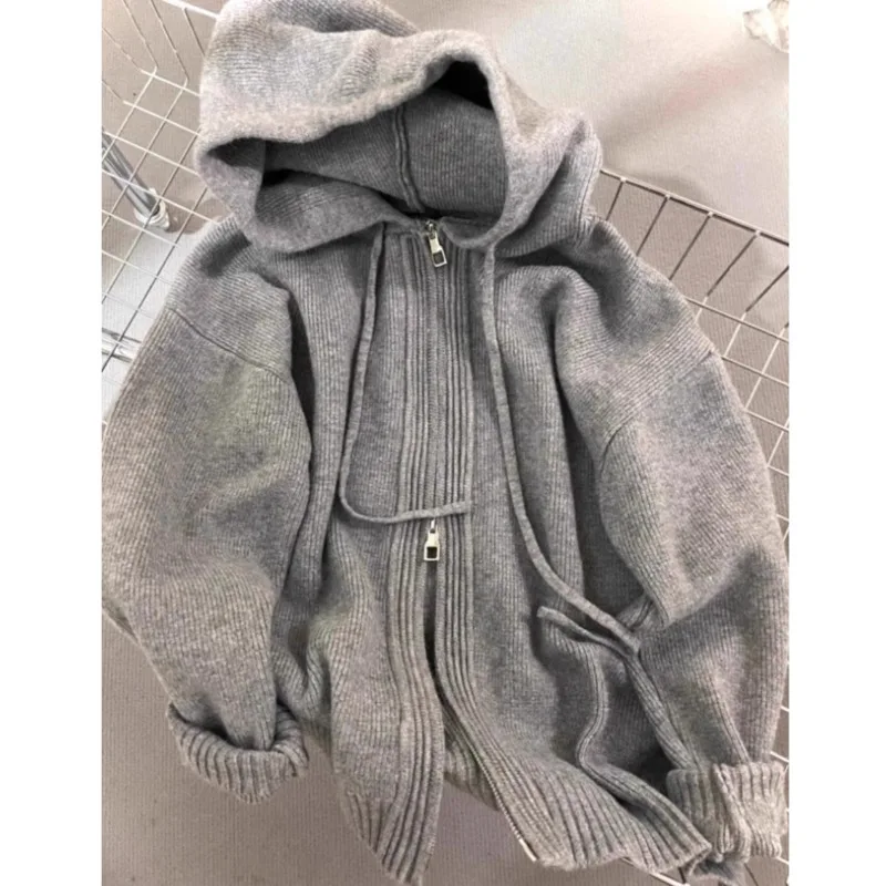 Knitted Hood Sweater Outerwear Women Autumn Winter Loose Soft Outdoor Tops Thickened Double Zipper Long Sleeve Cardigan Coats