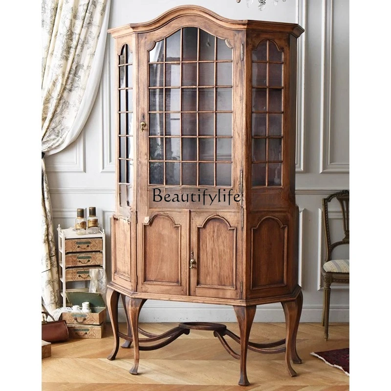 

Retro French retro solid wood dining side cabinet, antique glass door storage wine cabinet
