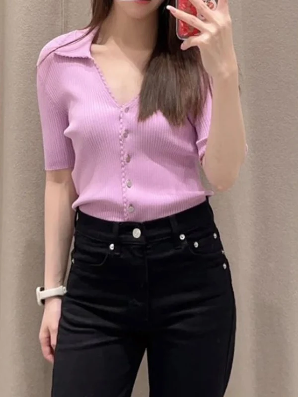 

Sweet Sle Elastic Svel Knitted Sweater with Ruffle Collar And Button Detail by M Home Versatile for Different Ocns