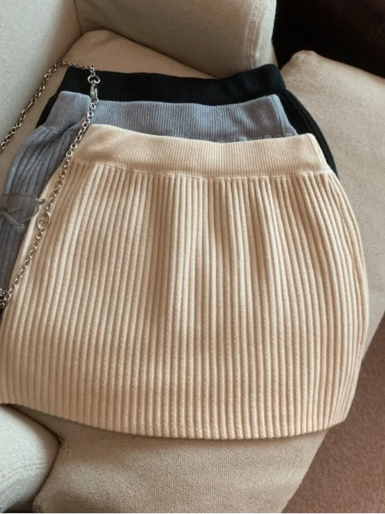 

Ретро-корейская вязаная юбка А-силуэта с высокой талией для женщин, зимняя, облегающая, сексуальная, повседневная