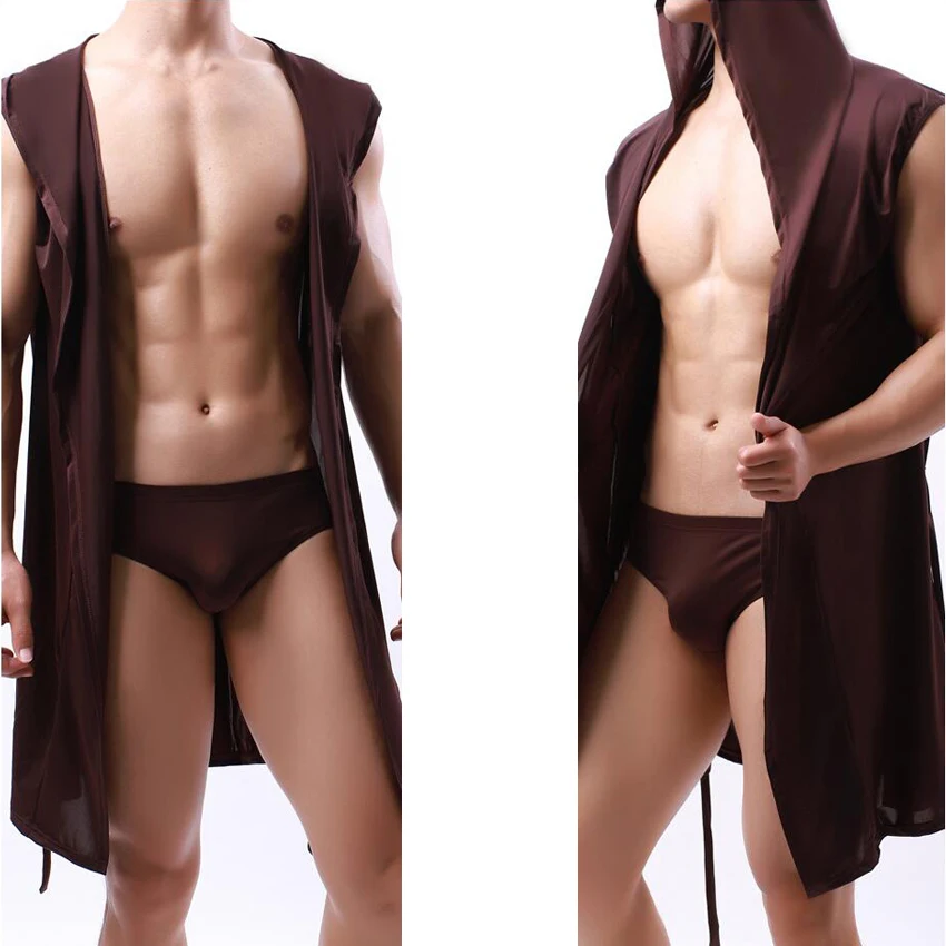 Summer Men's Sexy Sleeveless Pajama Kimono Robe Fashion Loose Casual Hooded Bathrobes Cool Smooth Bath Robe Male Sleep Gown