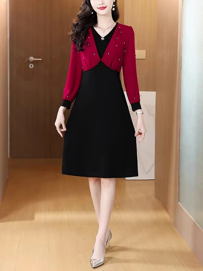 V-Neck Slim Fit Fake Two-Piece Dress with Diamond Studs, Long Sleeve Midi Dress for Women | Spring Autumn Basic Dress W2217