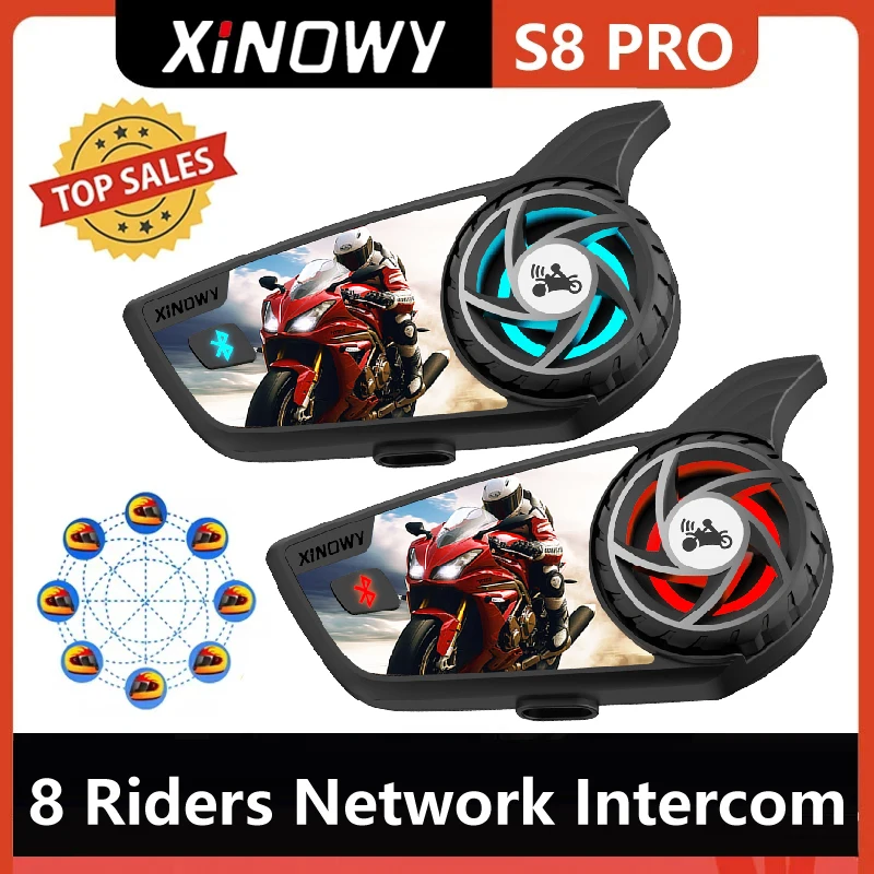 XiNOWy S8 PRO Motorcycle Helmet Bluetooth Headset 500-1000M Waterproof Communicator Interphone 8 Riders Network Intercom