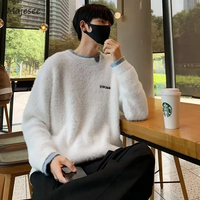 Panelled Pullovers Men Warm Plush Knitted Sweaters Casual High Street Lazy Style Handsome Soft All-match Ulzzang Autumn Winter