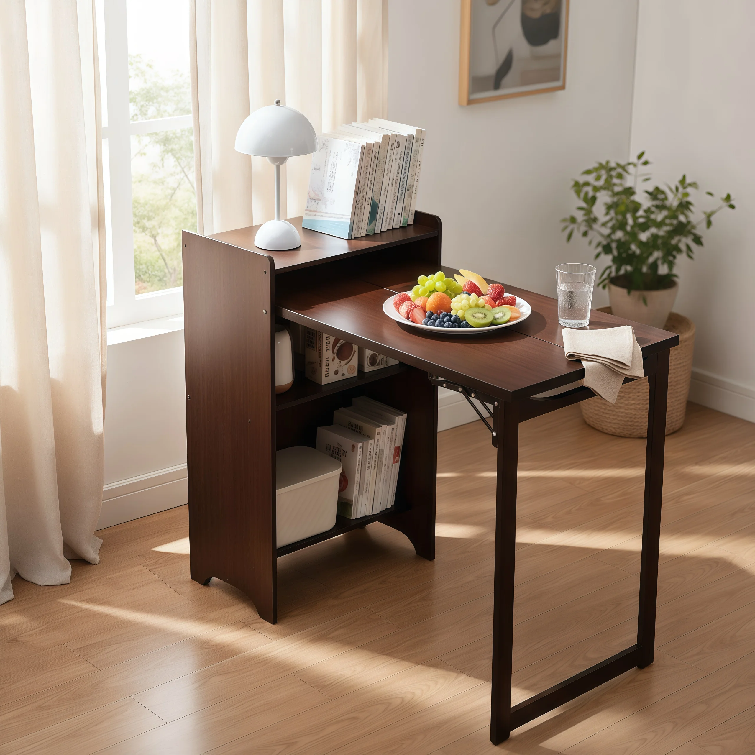 Bamboo Adjustable Foldable Desk with Hidden Storage for Small Space Home Office Bedroom Dining Computer Desk Mid Century Design