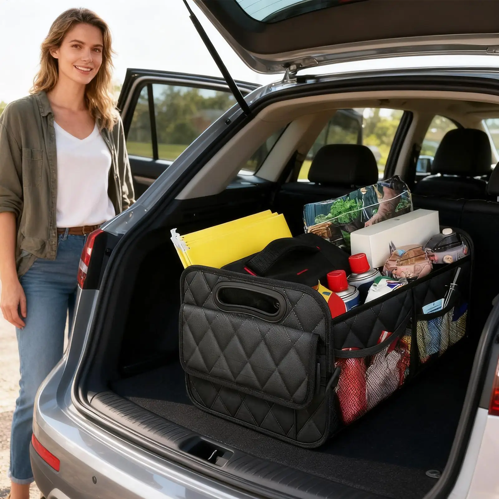 

Foldable Waterproof Trunk Organizer, Multi-Purpose Heavy-Duty Car Storage Box with Handles for SUV Sedan Van Minivan