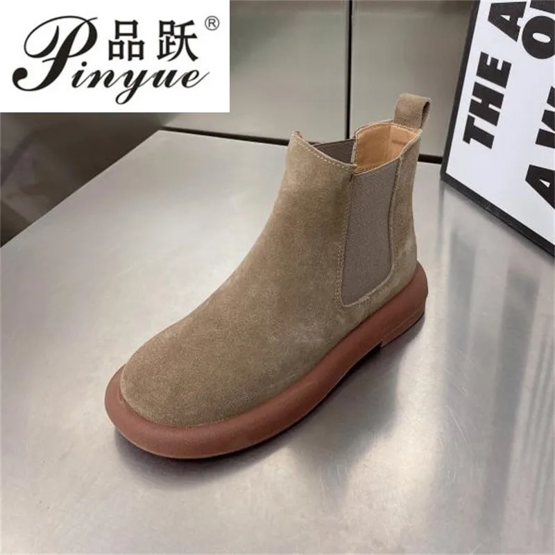 

Женские короткие ботинки из натуральной кожи в стиле ретро, повседневные круглые женские ботинки «Челси», повседневные кожаные ботильоны на толстой подошве, размеры 35-40