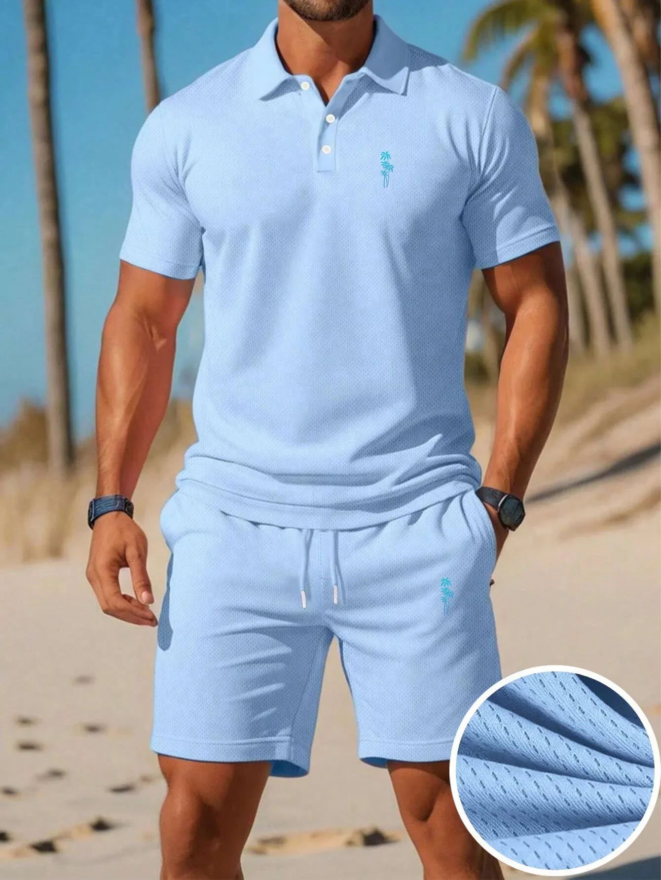 Summer New Men's Polo Shirt Set Casual Sporty Cool Fashionable Slim Fit Breathable Solid Color Short‑Sleeved Shorts Set Men's view 2