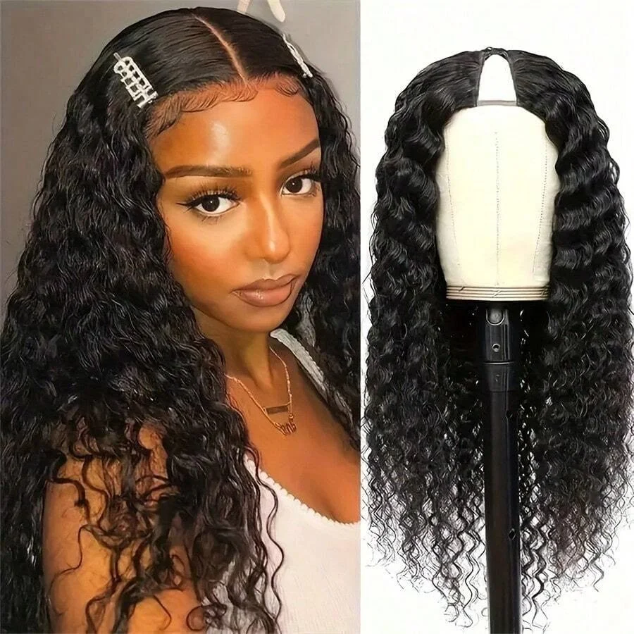 

V Part Wig Human Hair Curly Minimal No Leave Out Upgrade U Part Wig Human Hair V Shape Wig Kinky Curly Thin Part Glueless Clip In Half Wig 180% Density Natural Color