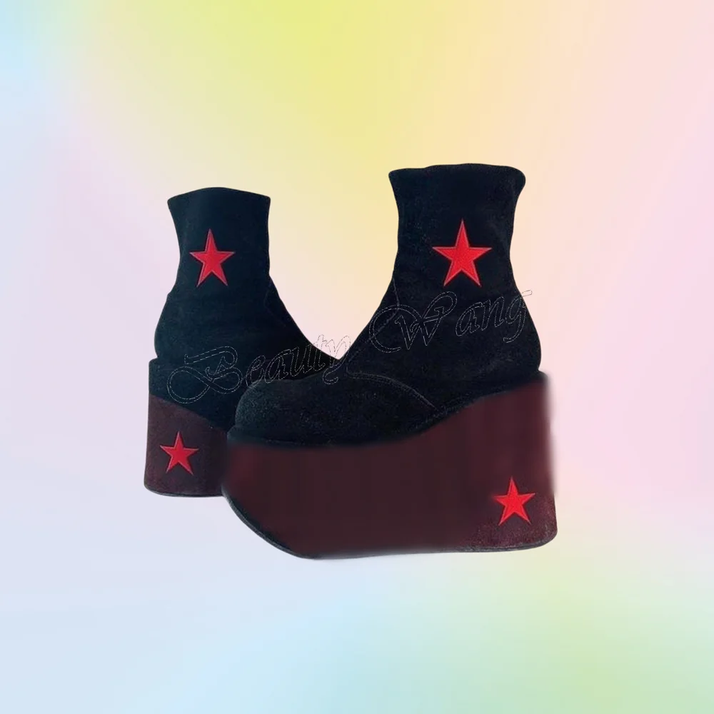 

Black Flocking Surface Short Boots Star Decor Platform Shoes for Women Wedges High Heels Sexy Shoes 2023 Zapatos Para Mujere