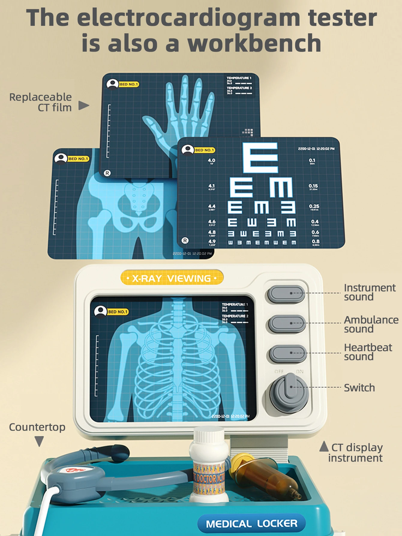 Kids Pretend Play Simulated Hospital Medical Trolley Toy, 16‑Piece Sound‑Effect Medical Tool Set. - view 4