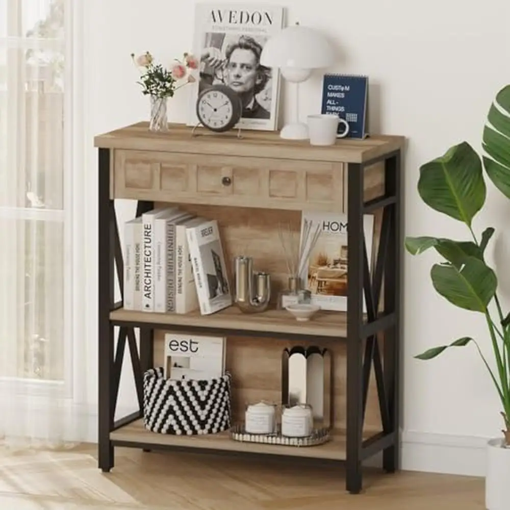 

Rustic Industrial Wood Bookshelf with Drawer Small Space 3 Tier Bookcase Stable Metal Frame & Drawer Bedroom Living Study Room