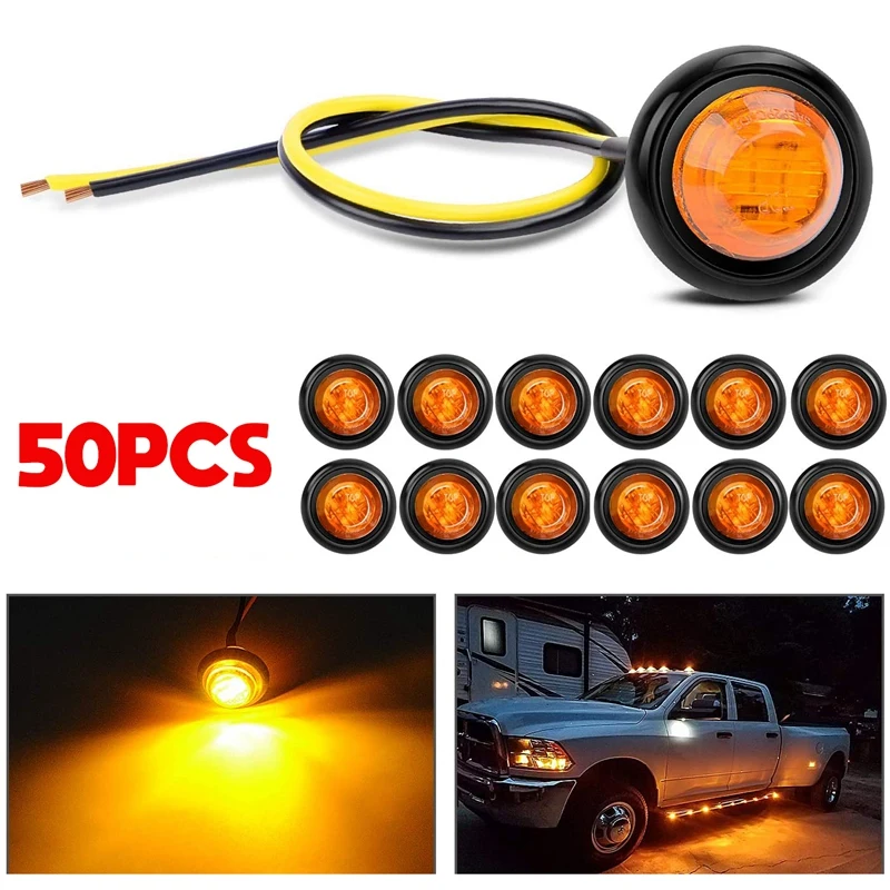 50PCS Round Amber LED Light Front Rear Side Marker Indicators Light For Truck Bus Trailer Caravan Boat Motocycle 12V