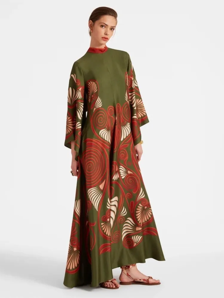 Vestido largo bohemio con estampado de primavera para mujer, vestido Sexy de fiesta con cordones y cuello levantado, vestidos largos holgados de manga larga Retro étnicos de otoño para mujer