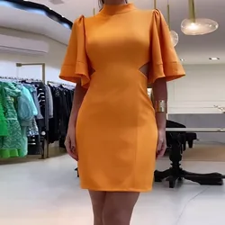 The New Solid Color Round Neck Short Skirt with Bell Sleeves Is Fashionable and Sexy Backless Dress That Wraps The Hips