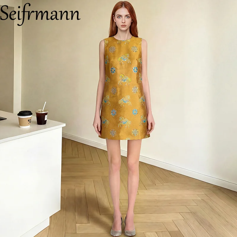 

Seifrmann 2026 Летнее женское платье: Новинка, модное, с круглым вырезом, без рукавов, с жаккардовым узором и бусинами