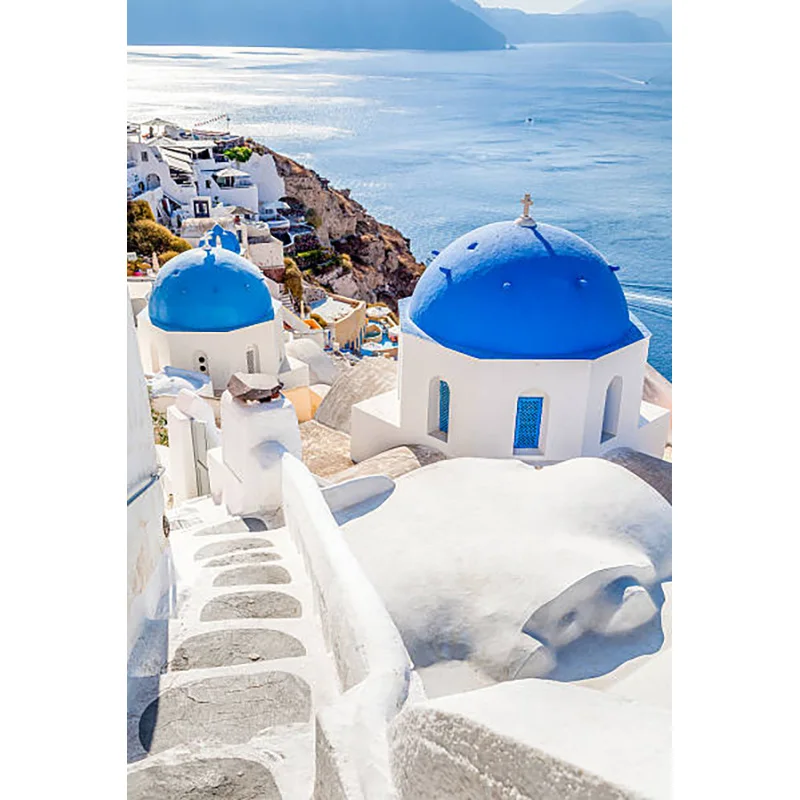 ZHISUXI The Blue Dome Church on Santorini Island Greece and the Scenery of the Aegean Sea Photographic Background Props HL-02
