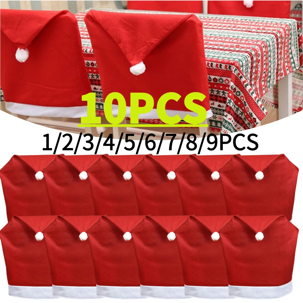 Christmas Dining Chair Covers Non-Woven Fabric Universal Chair Cover Red Santa Claus Hat for Home Dinner Chair Back 1-10PCS