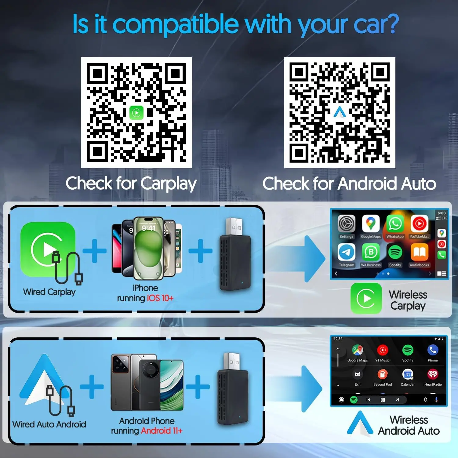 محول تشغيل لاسلكي 2 في 1 محول لاسلكي سلكي إلى توصيل وتشغيل محول CarPlay وAndroid Auto USB