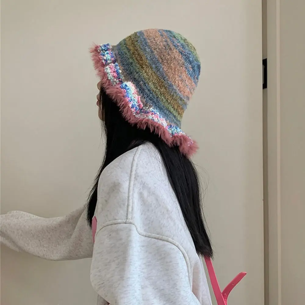 Fashion Crochet Knitted Knit Buket Hat Rainbow Stripe Winter Warm Soft Woolen Hat Beanie Cap Autumn