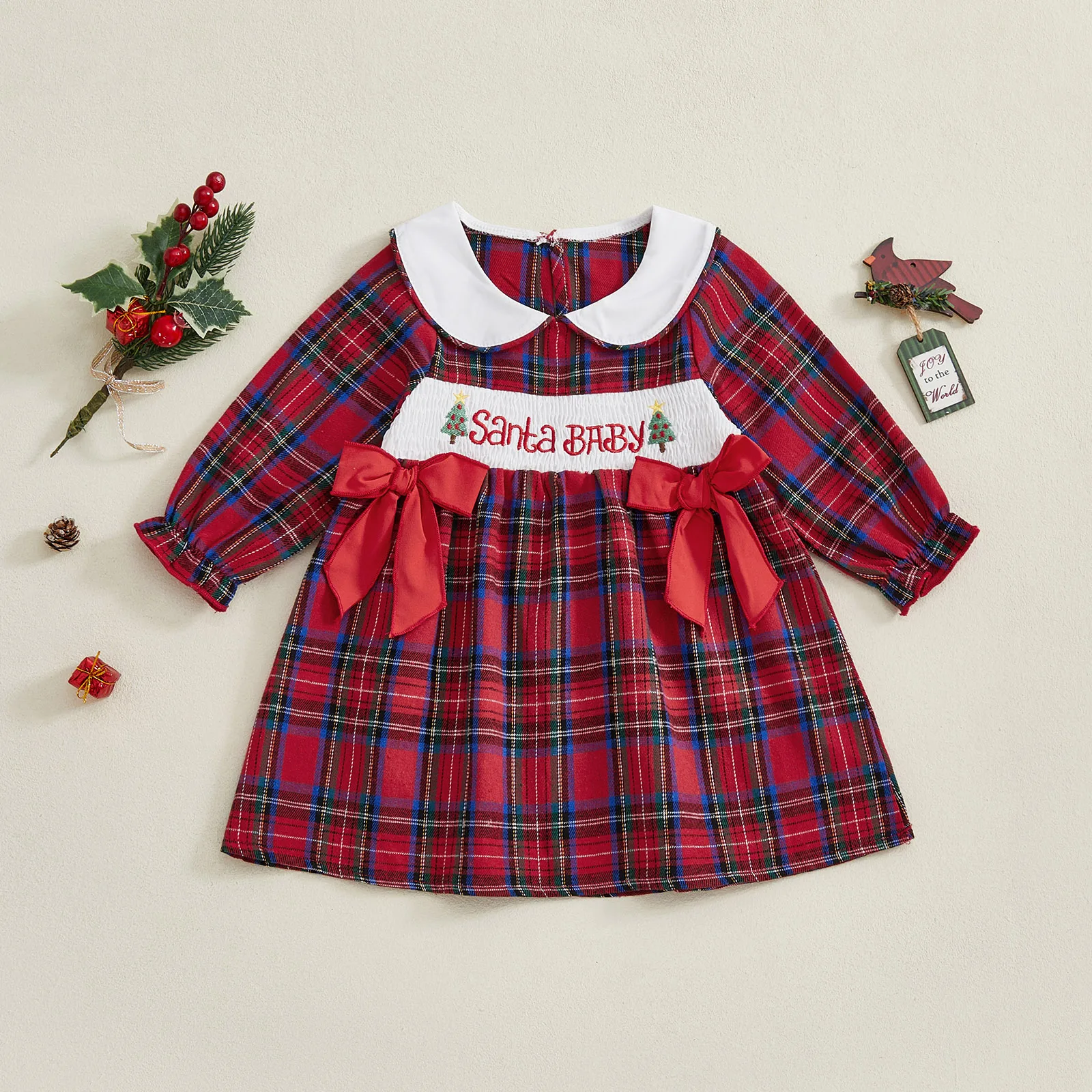 

Toddler Baby Girl Christmas Dress Plaid Tree Gingerbread Doll Collar Long Sleeve A-line Dress with Bows Winter Clothes