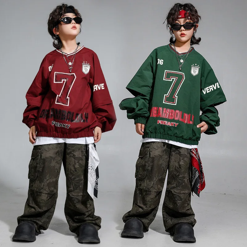Children Boys Girls Streetwear Hip Hop Loose Sweatshirt Camouflage Cargo Pants Track Suits Sets Kids Performance Clothes Costume