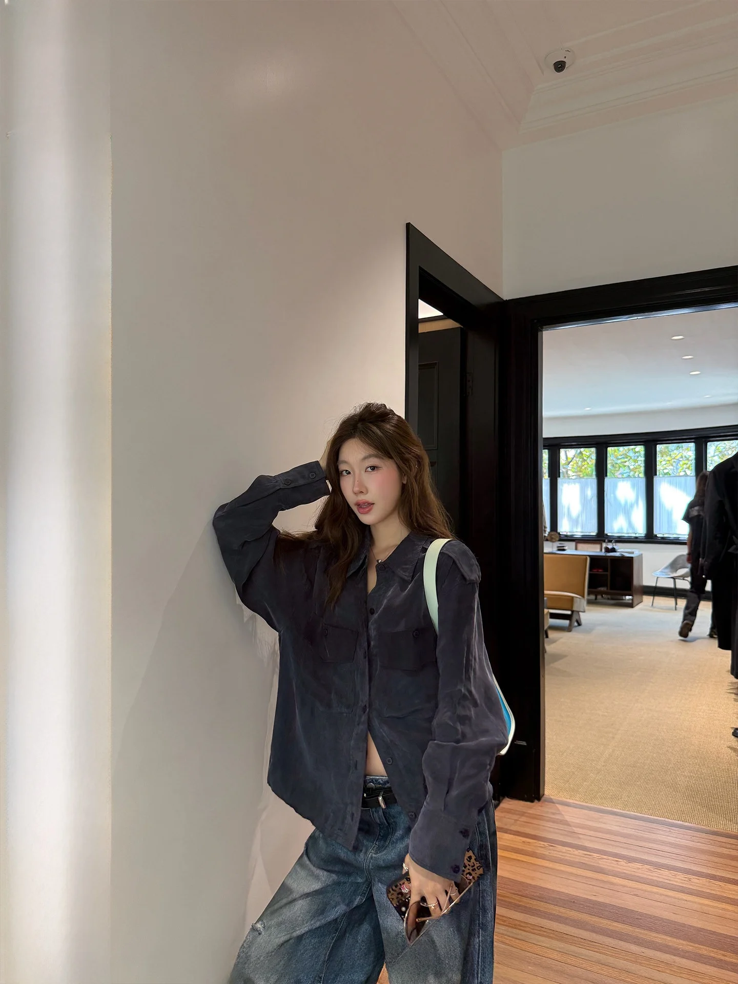 

Ranwear Silk Linen irt Jaet Double ket Turn-down Collar Casual Loose Fit Fem Skin-friendly Breathable Long Sve