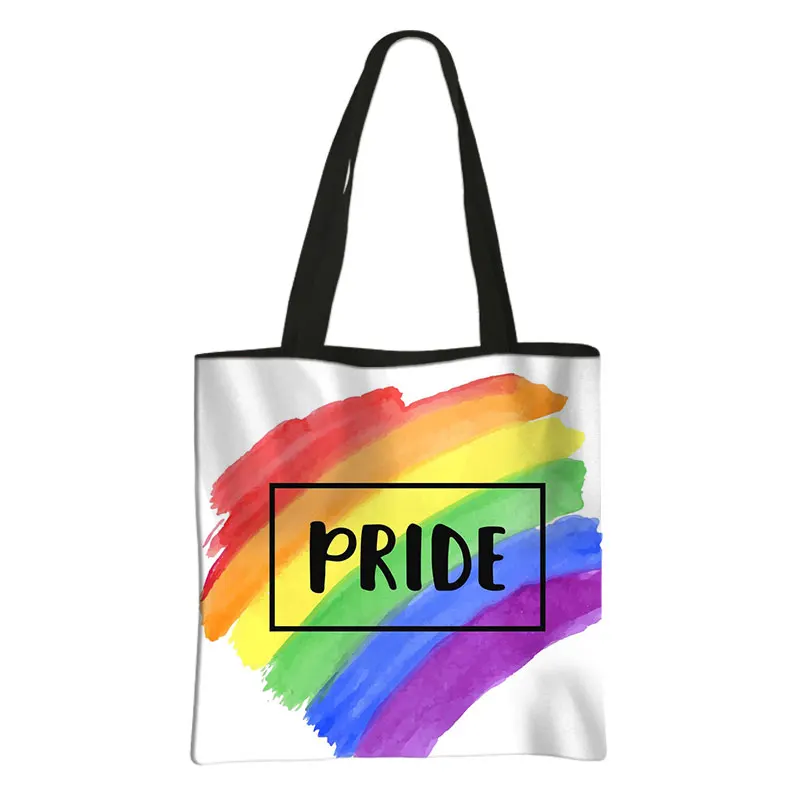 LGBT Rainbow Heart Shopping Bag Lesbian Gay Pride Tote Bag Homosexual Handbag Peace and Love Book Bag Women Reusable Shopper Bag