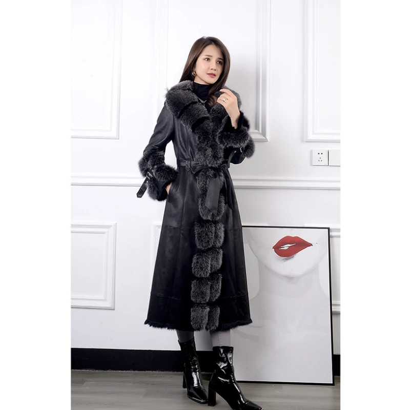 Winter New Double-faced Fur Parka Women\'s Genuine Fox Fur Trimming X-Long Coat with Waist Band IL00651