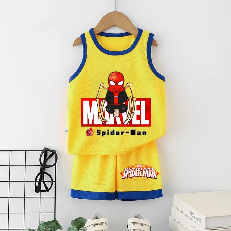 ديزني 2015 الصيف تنفس الفتيان سترة مجموعات أنيمي سبايدرمان الأطفال أكمام أعلى السراويل قطعتين دعوى الاطفال ملابس غير رسمية