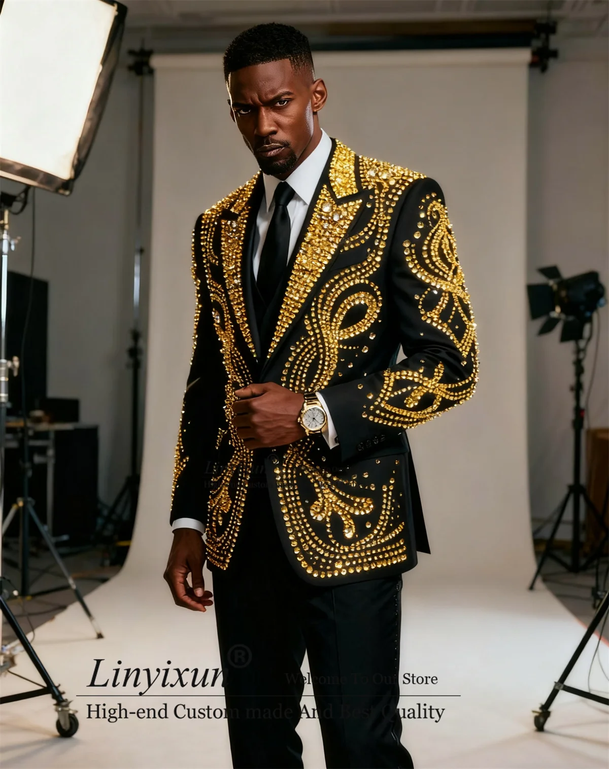 

Luxury Ornament Rhinestones Men Suits 3 Pieces Sets Groom Male Blazers Formal Slim Fit Customized Wedding Tuxedos Ropa hombre