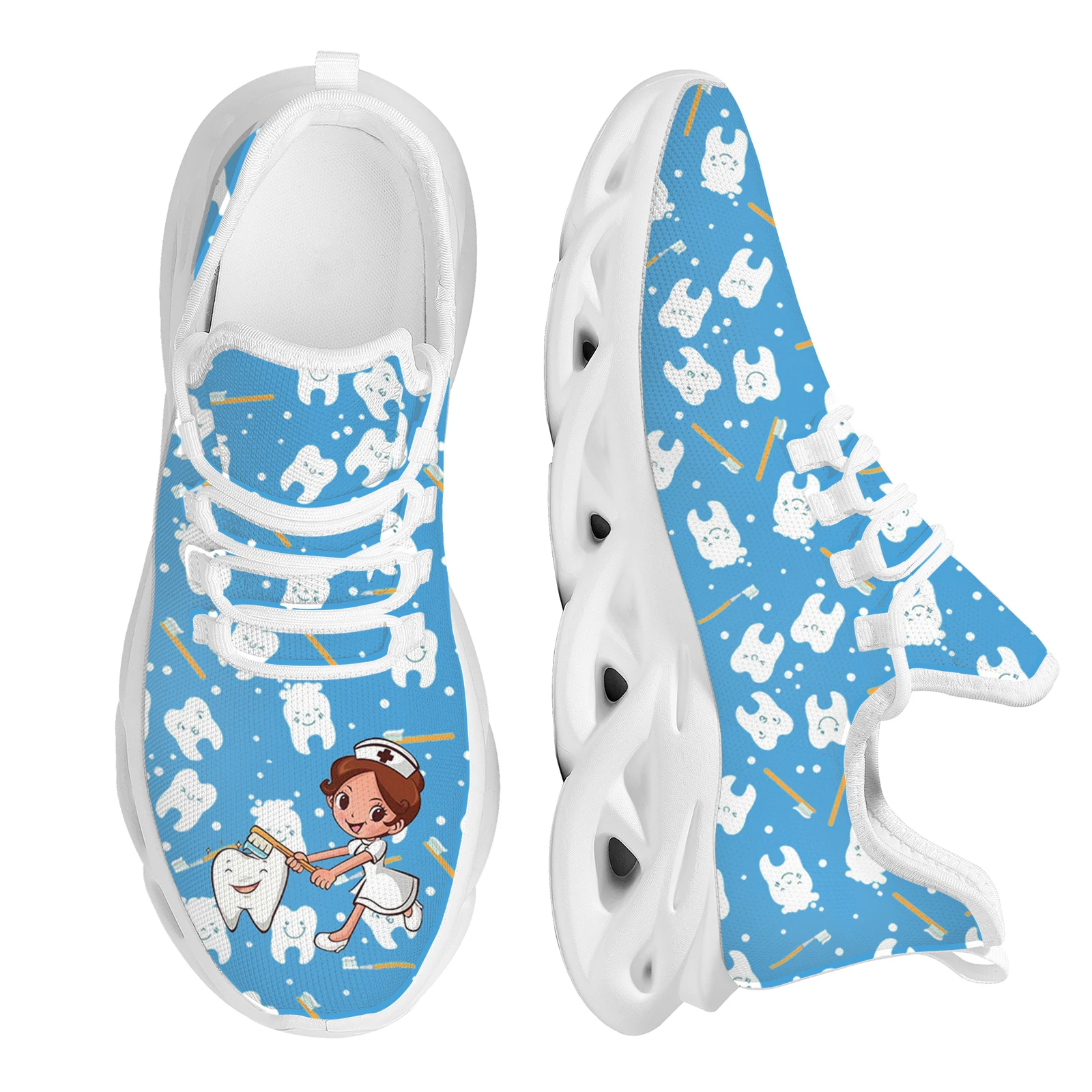 INSTANTARTS Women's Mesh Swing Sneakers Kawaii Nurse and Teeth Cartoon Platform Shoes for Ladies Comfort Lace-up Walking Tennis