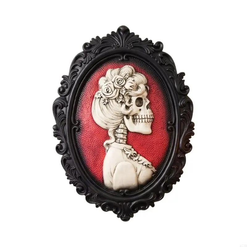 Resin Gothic Skull Wall Sculpture Skull Wall Plaque with Ornate Black Frame, Raised Relief Portrait and Indoor Hanging 37JD