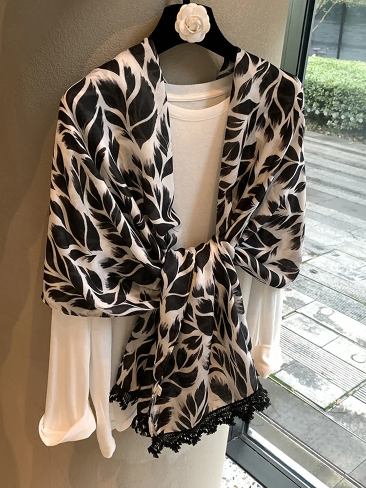 

Women Black White Print Silk Scarf Shawl Lace Trim Luxury Elegant Neck Scarves Summer Office Business Wrap Travel Daily Casual