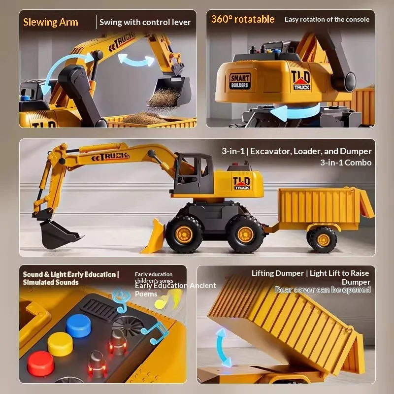 Tld Truck Extra Large Excavator Toy 3 In 1 Engineering Vehicle 360 Degree Rotatable Swing Arm Dump Truck Shovel Sound Light