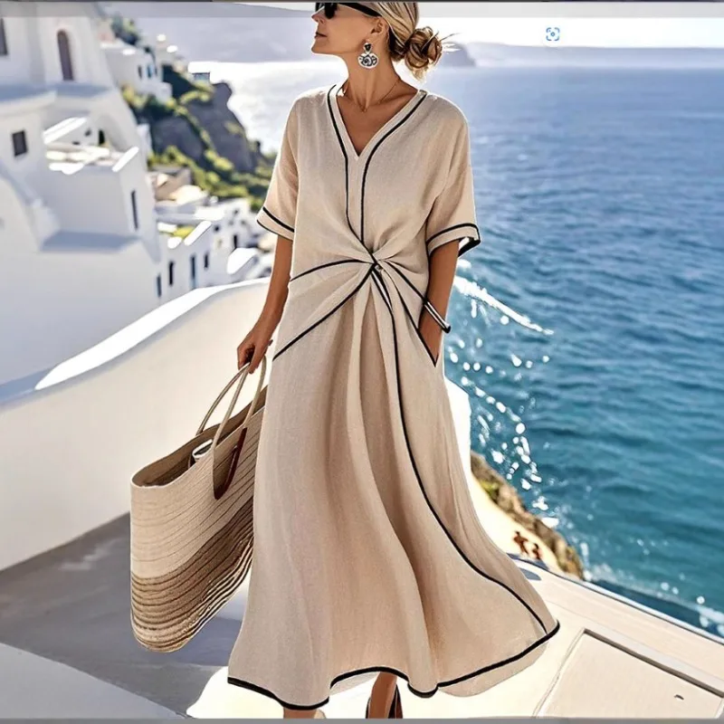 

2025 Summer New Women's Fashion Casual V-neck Elegant Short Sleeve Loose Stripe Printed Dress