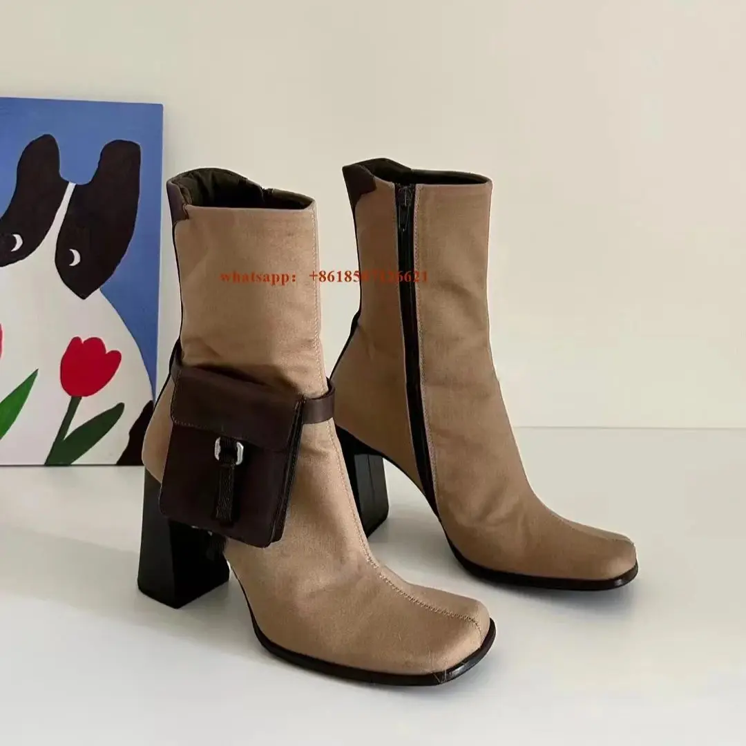 High-Heeled Short Boots For Women Thick Heel New Square Toe Suede Pocket Decorated Mid-Calf Boots