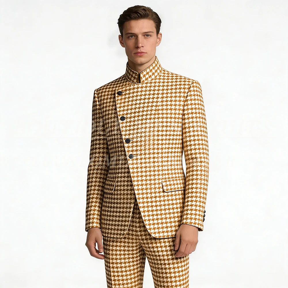 Mode Herenpakken Mannelijke Kleding Elegante Single Breasted Stand Lapel Slim 2-delige jas Broek Volledige sets Kostuum Homme - afbeelding 1