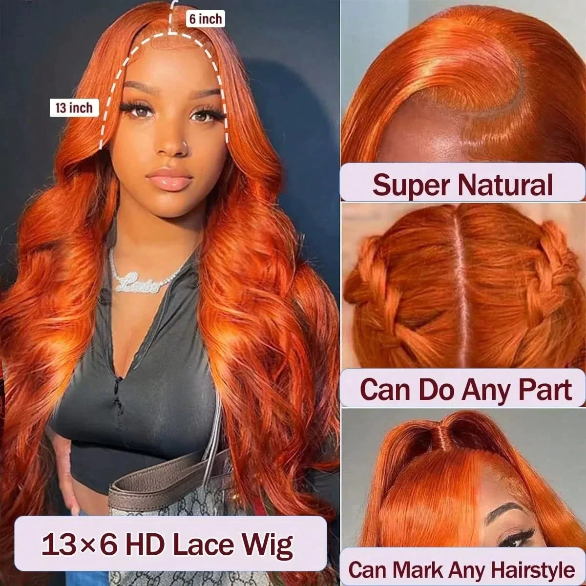 Ginger Orange 13X6 Hd Lace Frontal Human Hair Wig 200 Density Body Wave Human Hair Wigs 13X4 Brazilian Orange Colored Hair For Women view 3
